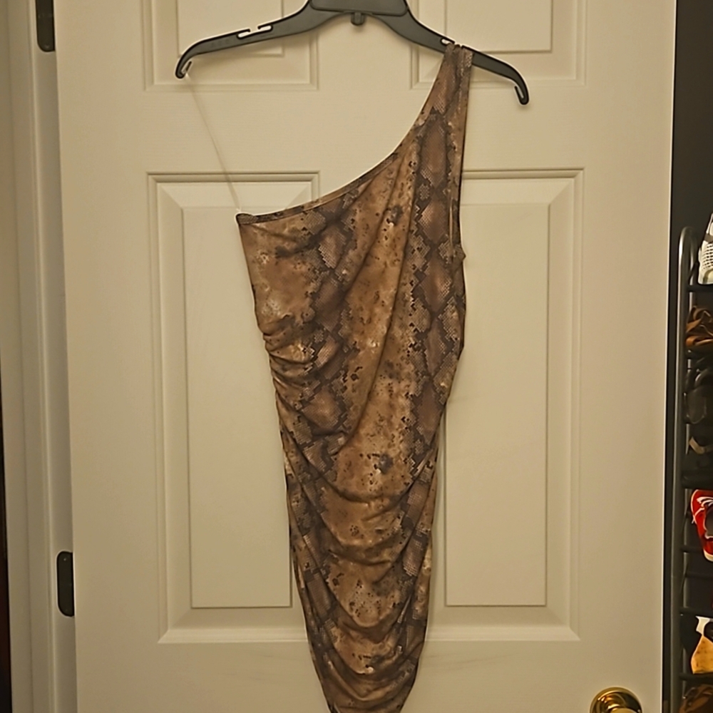 Windsor one strap ruched dress; snakeskin; size medium
